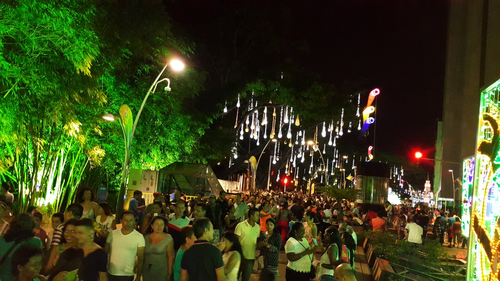 Personas caminando bajo el alumbrado navideno de Cali en la noche.